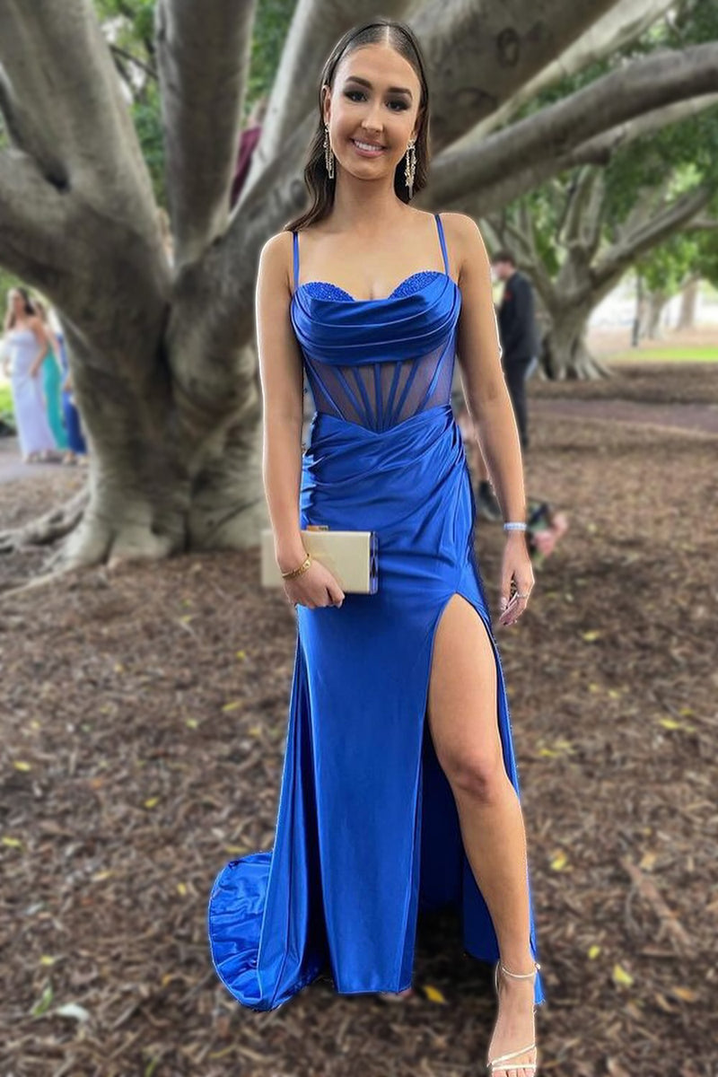 Blue Strapless Corset Tiered Ruffles Prom Dress with Slit main image 1