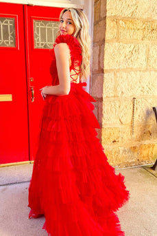 A-Line Tulle Red Tiered Prom Dress with Slit