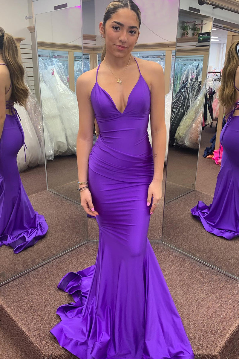 Load image into Gallery viewer, Mermiad Halter Dark Purple Long Prom Dress with Slit