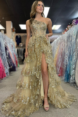 A-Line One Shoulder Sequins Corset Prom Dress with Slit