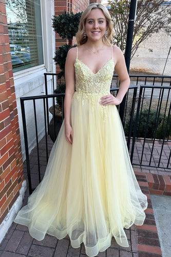 A-Line Tulle Spaghetti Straps Yellow Prom Dress with Appliques