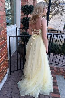 A-Line Tulle Spaghetti Straps Yellow Prom Dress with Appliques
