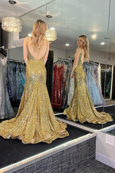 Sparkly Golden Sequins V Neck Mermaid Long Prom Dress