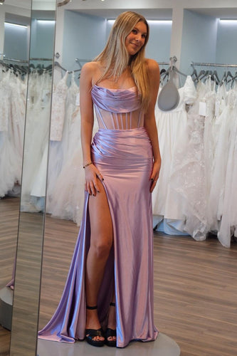 Lilac Strapless Corset Mermaid Satin Long Prom Dress with Slit