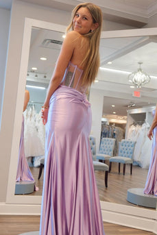 Lilac Strapless Corset Mermaid Satin Long Prom Dress with Slit
