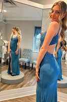 Load image into Gallery viewer, Sparkly Blue Beaded V Neck Mermaid Long Prom Dress with Slit
