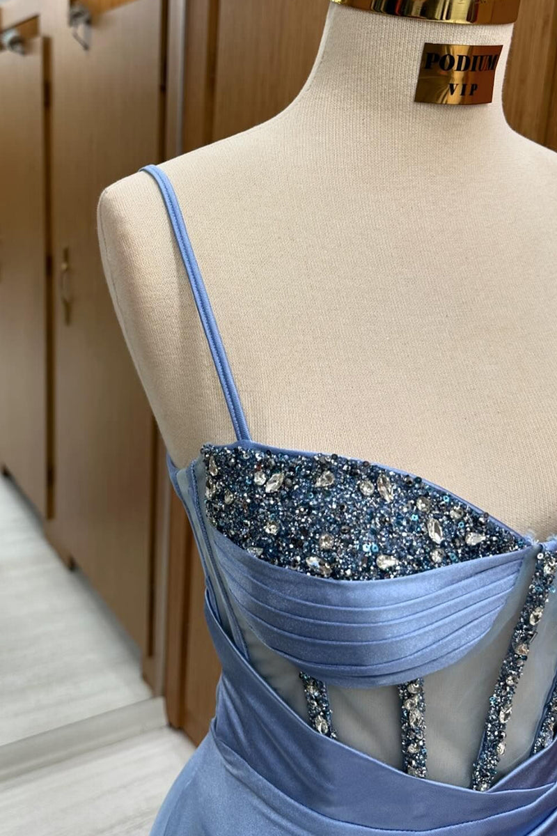 Load image into Gallery viewer, Sparkly Grey Blue Corset Mermaid Long Prom Dress with Slit