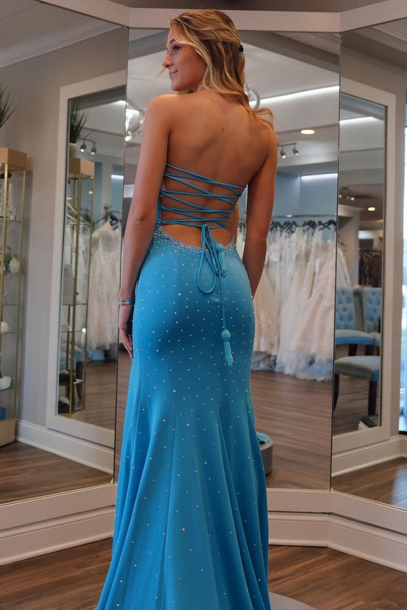 Load image into Gallery viewer, Sparkly Blue Beaded Mermaid Long Prom Dress with Slit