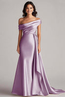 Load image into Gallery viewer, Women Wisteria Satin Formal Dress with Side Cape Mermaid Off the Shoulder Ruched Sweep Train Gala Ball Dress
