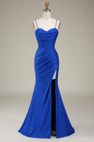 Load image into Gallery viewer, Elegant Royal Blue Corset Satin Mermaid Long Prom Dress with Slit
