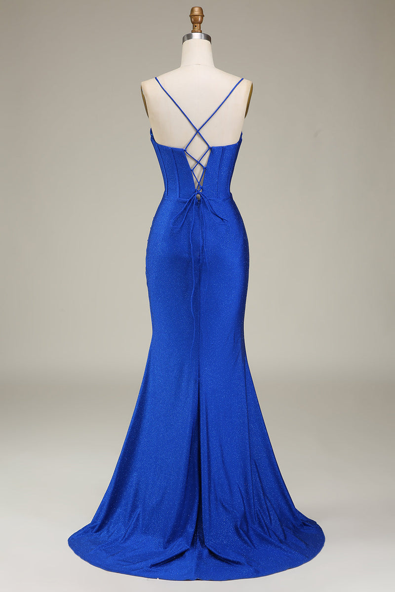 Queendancer Women Simple Royal Blue Corset Mermaid Long Prom Dress  Spaghetti Straps Lace-Up Evening Dress with Slit  queendanceruk