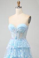 Load image into Gallery viewer, Lavender Strapless Tiered Tulle Corset Prom Dress with Appliques