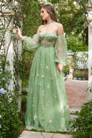 Load image into Gallery viewer, Off The Shoulder Green Long Sleeves A-Line Prom Dress