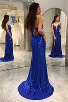 Load image into Gallery viewer, Sparkly Royal Blue Mermaid V-Neck Long Prom Dress With Slit