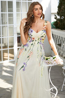 Load image into Gallery viewer, Spaghetti Straps Champagne Long Prom Dress With 3D Flowers
