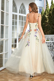 Spaghetti Straps Champagne Long Prom Dress With 3D Flowers