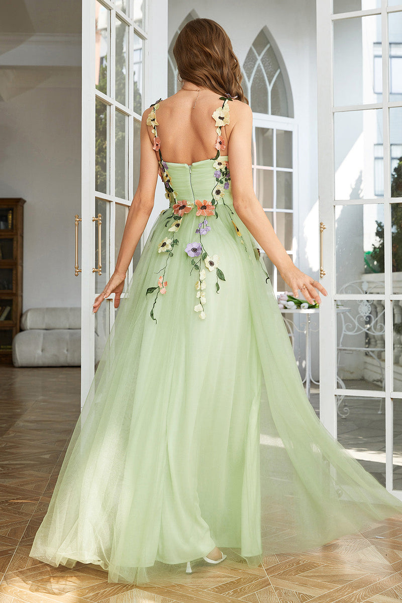 Queendancer Women Green Long Prom Dress Spaghetti Straps Formal Dress With 3D Flowers queendanceruk Queendancer Women Green Long Prom Dress Spaghetti Straps Formal Dress With 3D Flowers queendanceruk