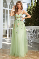 Load image into Gallery viewer, Spaghetti Straps Green Long Prom Dress With 3D Flowers
