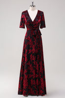 Load image into Gallery viewer, Women Burnout Velvet Burgundy Mother of Bride Dress V-neck Bridesmaid Dress
