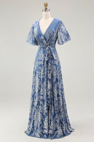 Load image into Gallery viewer, Blue A-Line Burnout Wrap Velvet Long Prom Dress with Sleeves
