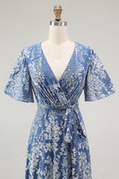 Load image into Gallery viewer, Blue A-Line Burnout Wrap Velvet Long Prom Dress with Sleeves