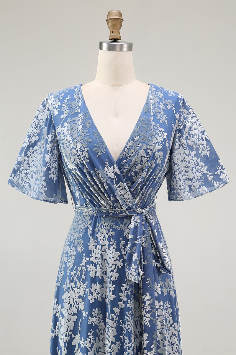 Load image into Gallery viewer, Blue A-Line Burnout Wrap Velvet Long Prom Dress with Sleeves