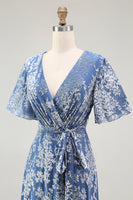 Load image into Gallery viewer, Blue A-Line Burnout Wrap Velvet Long Prom Dress with Sleeves