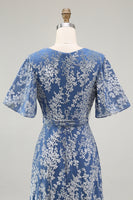 Load image into Gallery viewer, Blue A-Line Burnout Wrap Velvet Long Prom Dress with Sleeves