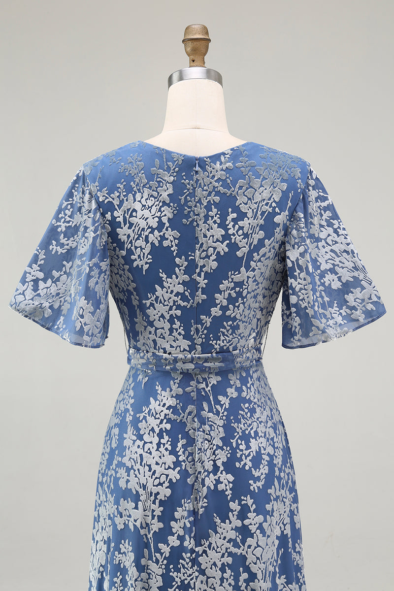 Load image into Gallery viewer, Blue A-Line Burnout Wrap Velvet Long Prom Dress with Sleeves