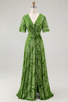 Load image into Gallery viewer, Golden Purple Burnout Wrap A-Line Velvet Long Prom Dress with Sleeves
