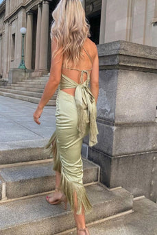 Backless Green Prom Dress with Fringes