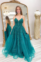 Load image into Gallery viewer, Spaghetti Straps Lace-Up Back Dark Blue Corset Prom Dress with Appliques