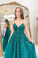 Load image into Gallery viewer, Spaghetti Straps Lace-Up Back Dark Blue Corset Prom Dress with Appliques