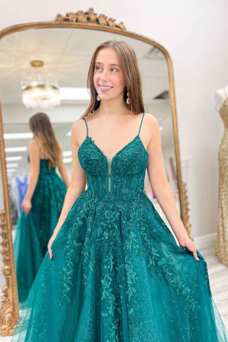 Load image into Gallery viewer, Spaghetti Straps Lace-Up Back Dark Blue Corset Prom Dress with Appliques