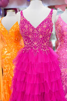 Load image into Gallery viewer, Fuchsia Princess A-Line Spaghetti Straps Sequin Tiered Long Prom Dress with Slit