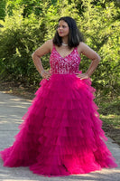 Load image into Gallery viewer, Sparkly Fuchsia Floral Tiered V Neck A-line Long Prom Dress