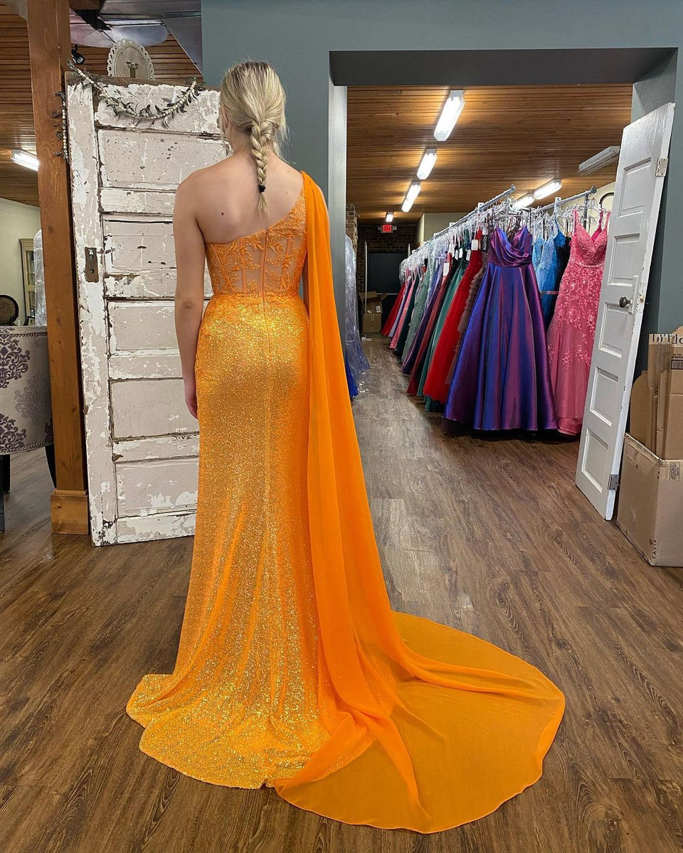 Load image into Gallery viewer, Sparkly Fuchsia Mermaid One Shoulder Appliques Prom Dress With Slit