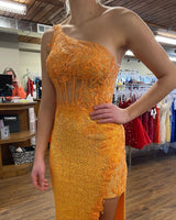 Load image into Gallery viewer, Sparkly Fuchsia Mermaid One Shoulder Appliques Prom Dress With Slit