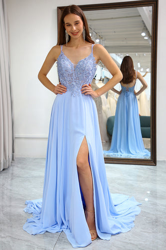 A-Line Chiffon Lavender Beaded Prom Dress with Slit