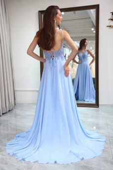 A-Line Chiffon Lavender Beaded Prom Dress with Slit