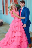 Load image into Gallery viewer, Princess A-Line V-Neck Fuchsia Prom Dress With Slit