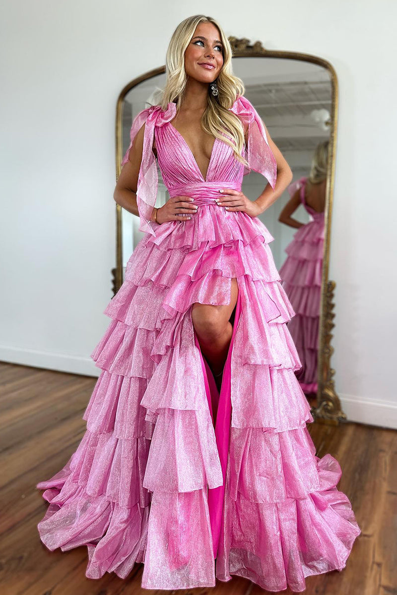 Queendancer Women Glitter Hot Pink Long Tiered Prom Dress with Slit A Line V Neck Backless Formal Dress queendanceruk Queendancer Women Glitter Hot Pink Long Tiered Prom Dress with Slit A Line V Neck Backless Formal Dress queendanceruk