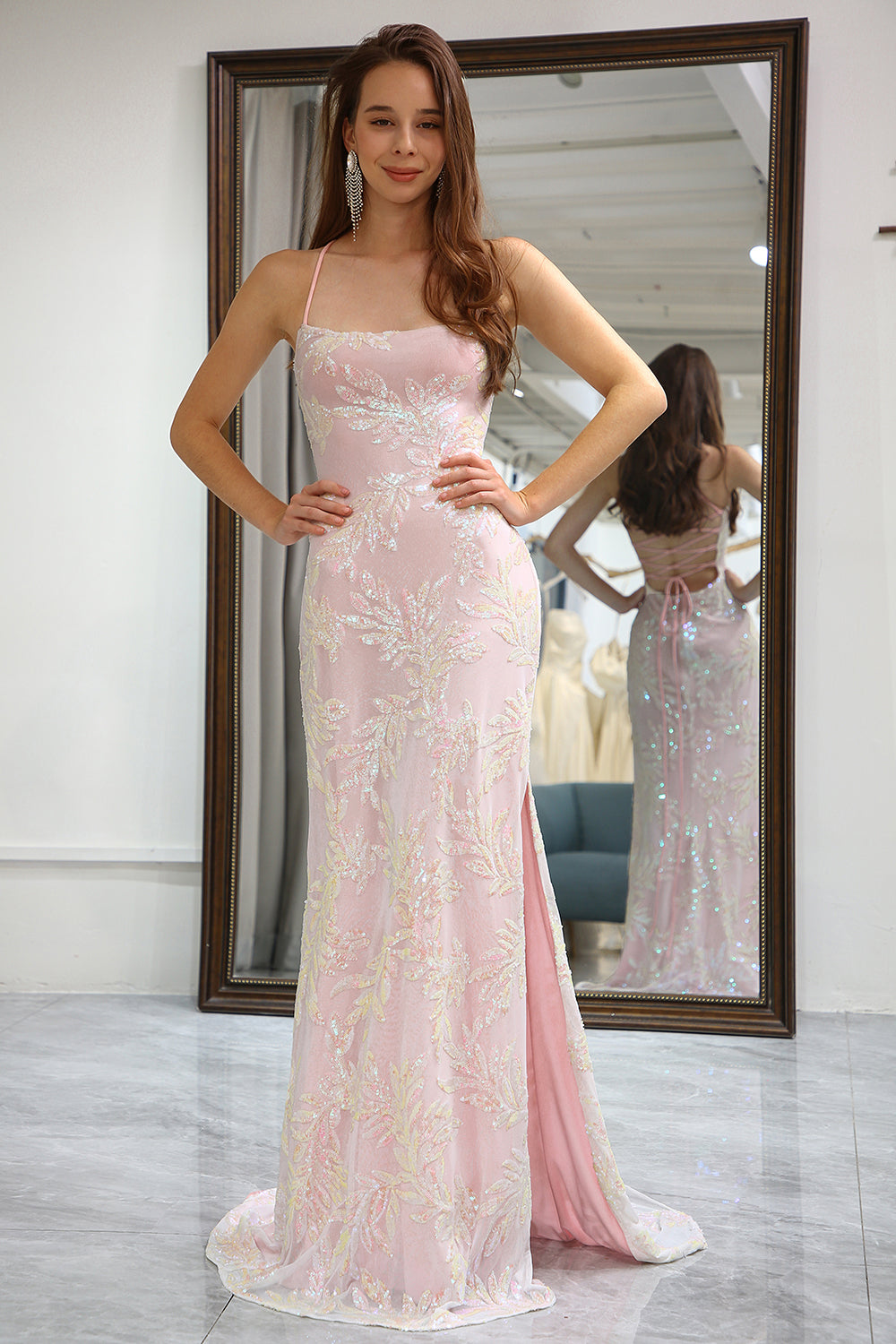 Mermaid Pink Lace-Up Back Prom Dress with Appliques