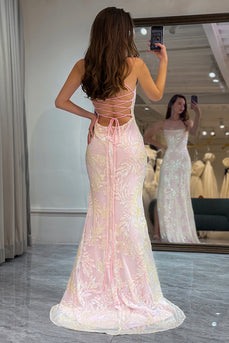 Mermaid Lace-Up Back Pink Prom Dress with Appliques
