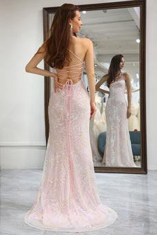 Mermaid Pink Lace-Up Back Prom Dress with Appliques
