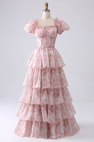 Load image into Gallery viewer, Women Blush Tiered Prom Dress with Corset Printed Party Dress with Puff Sleeves