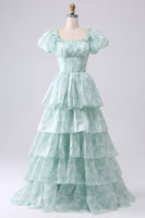 Load image into Gallery viewer, Women Green Tiered Prom Dress with Corset Printed Party Dress with Puff Sleeves