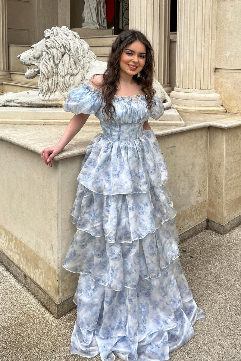 Queendancer Women Light Blue Tiered Prom Dress with Corset Printed Party Dress with Puff Sleeves queendanceruk Queendancer Women Light Blue Tiered Prom Dress with Corset Printed Party Dress with Puff Sleeves queendanceruk