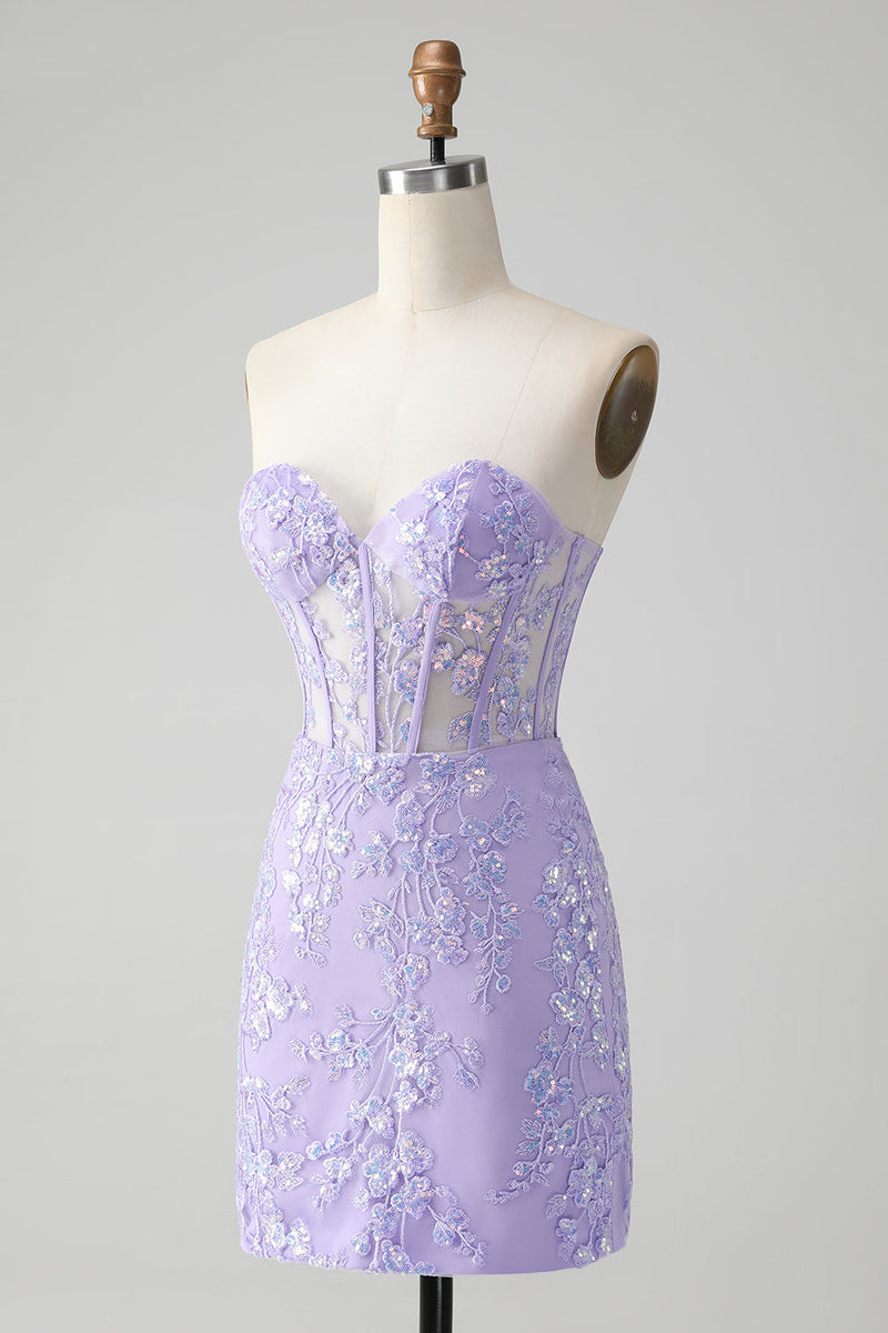 Queendancer Women Glitter Lilac Corset Sequins Short Bodycon Prom Dress