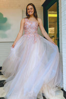Load image into Gallery viewer, Grey Pink A-Line One Shoulder Long Prom Dress with Appliques